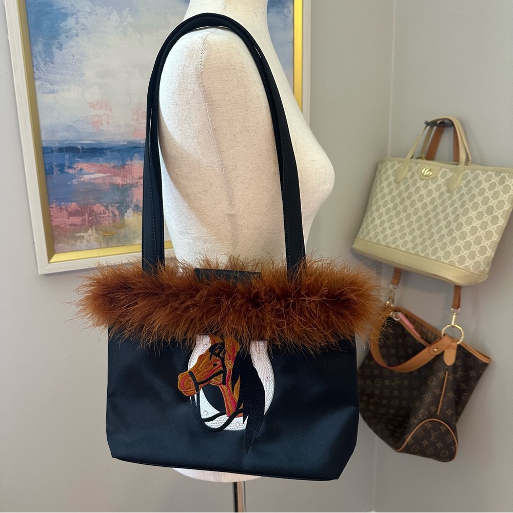 Stylish Black and Brown Feather Trim Shoulder Bag